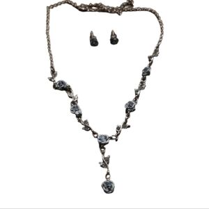 Floral Blue Rose  V-Drop Necklace and Earring Set